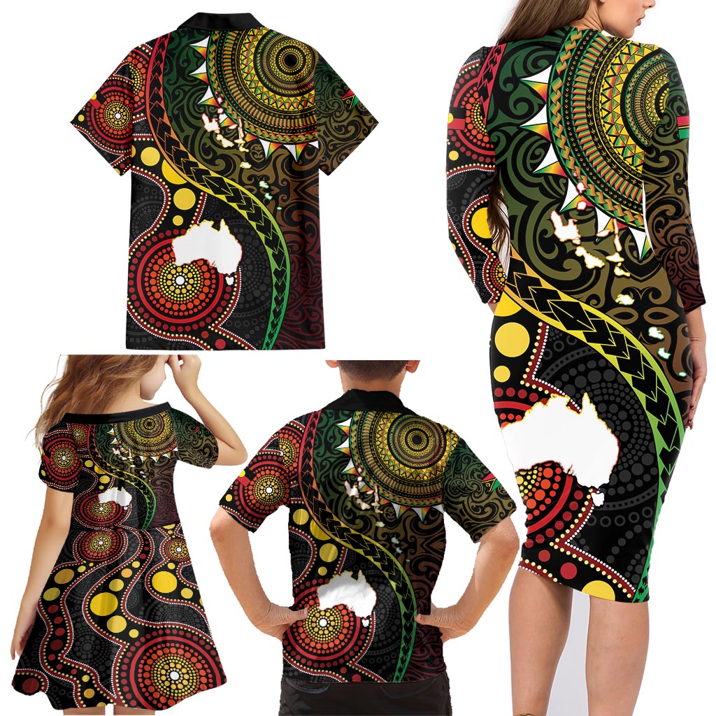 Vanuatu And Australia Aboriginal Family Matching Long Sleeve Bodycon Dress and Hawaiian Shirt Iguana And Kangaroo Together LT05 - Polynesian Pride