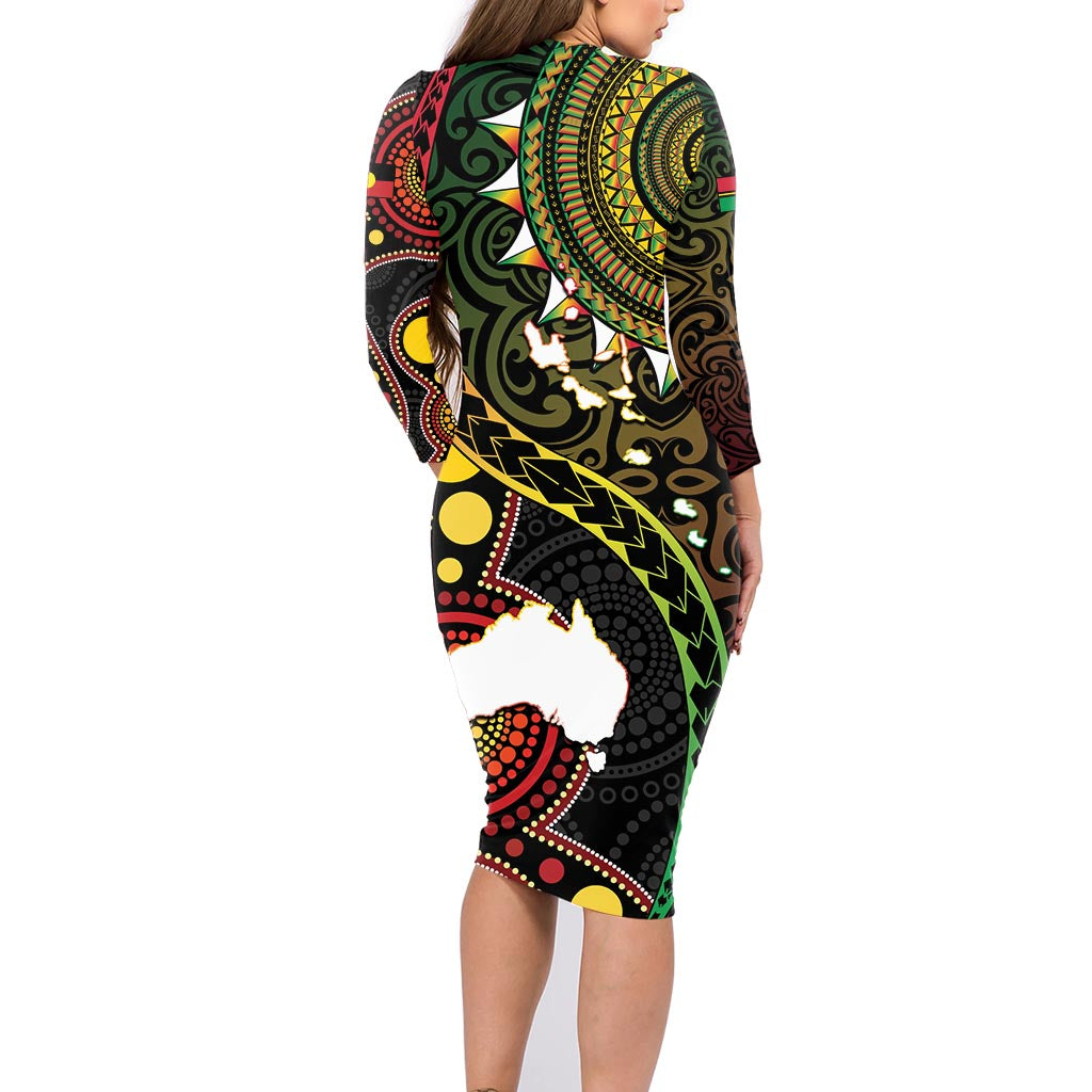 Vanuatu And Australia Aboriginal Family Matching Long Sleeve Bodycon Dress and Hawaiian Shirt Iguana And Kangaroo Together LT05 - Polynesian Pride