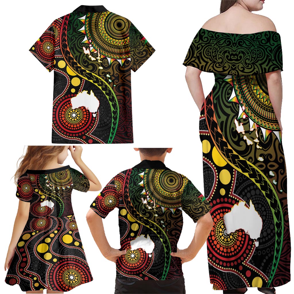 Vanuatu And Australia Aboriginal Family Matching Off Shoulder Maxi Dress and Hawaiian Shirt Iguana And Kangaroo Together LT05 - Polynesian Pride