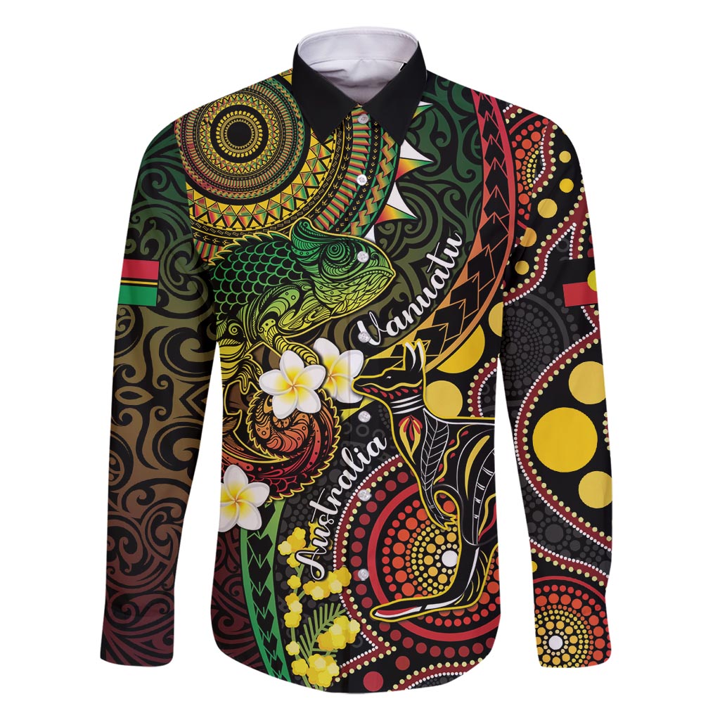 Vanuatu And Australia Aboriginal Family Matching Off Shoulder Maxi Dress and Hawaiian Shirt Iguana And Kangaroo Together LT05 Dad's Shirt - Long Sleeve Black - Polynesian Pride