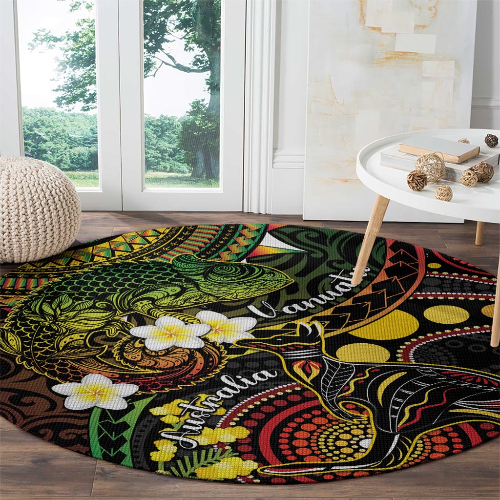 Vanuatu And Australia Aboriginal Round Carpet Iguana And Kangaroo Together