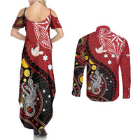Tonga Ngatu And Australia Aboriginal Couples Matching Summer Maxi Dress and Long Sleeve Button Shirt Tongan Dove And Kangaroo Together