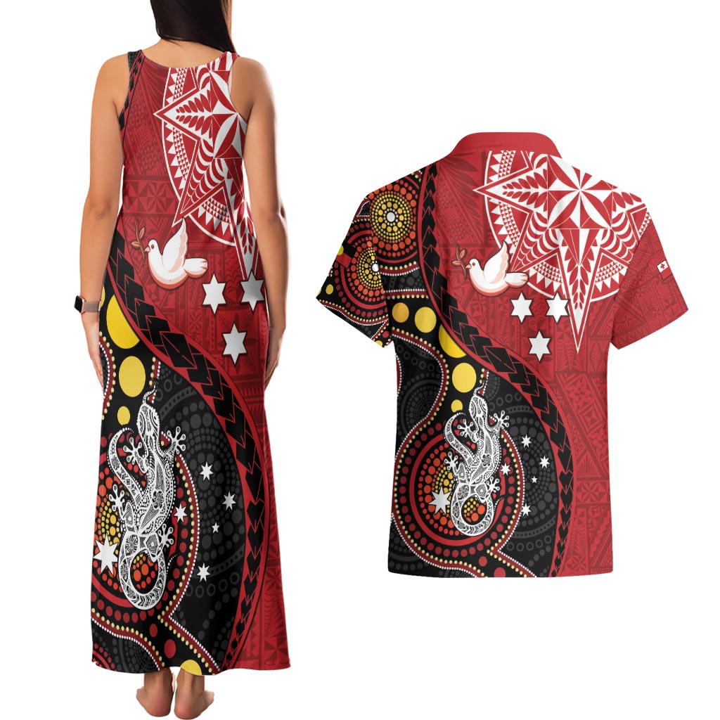 Tonga Ngatu And Australia Aboriginal Couples Matching Tank Maxi Dress and Hawaiian Shirt Tongan Dove And Kangaroo Together