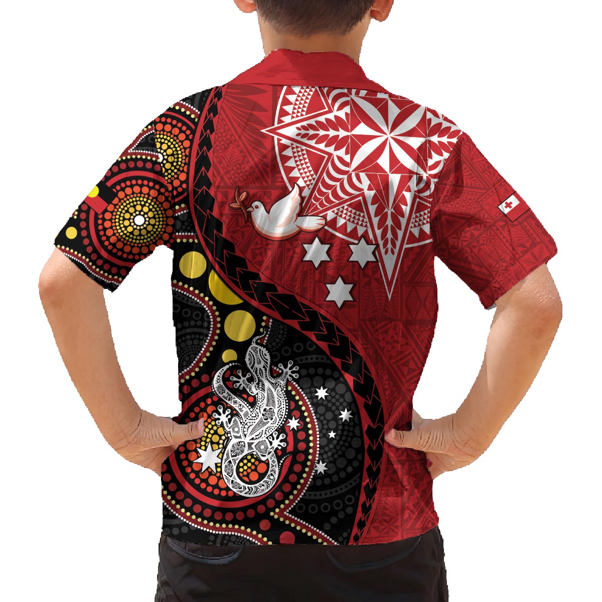 Tonga Ngatu And Australia Aboriginal Family Matching Off The Shoulder Long Sleeve Dress and Hawaiian Shirt Tongan Dove And Kangaroo Together