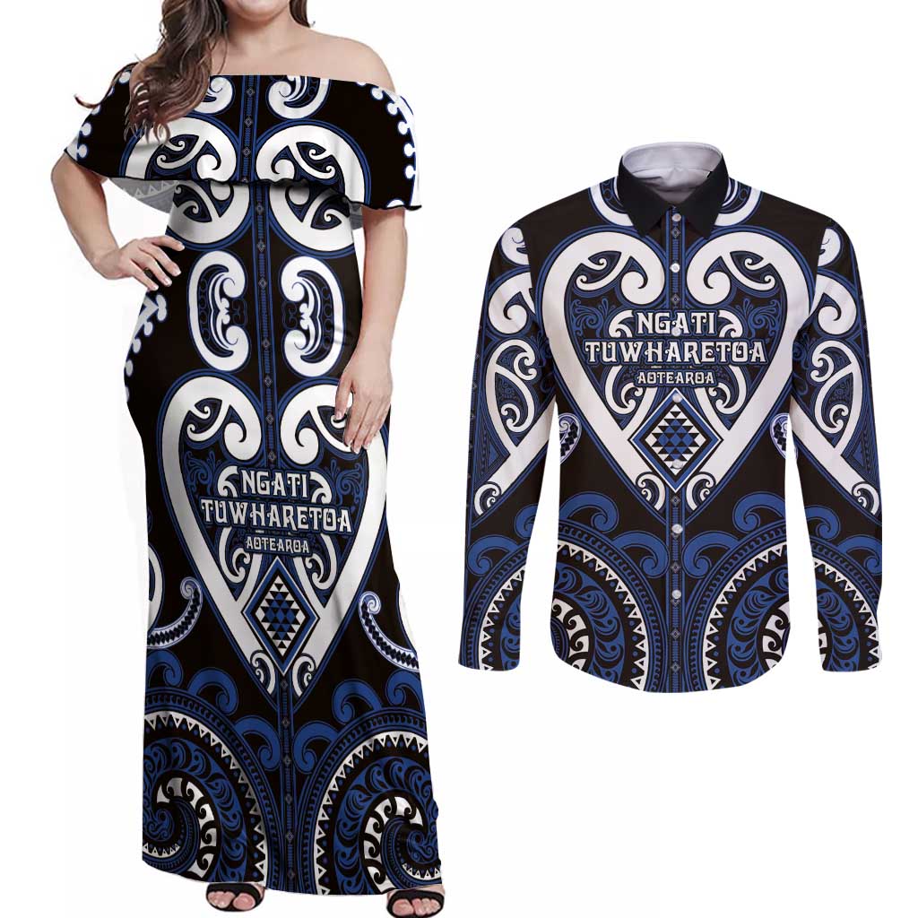 Custom Aotearoa Ngati Tuwharetoa Couples Matching Off Shoulder Maxi Dress and Long Sleeve Button Shirt Maori Tribal Pattern