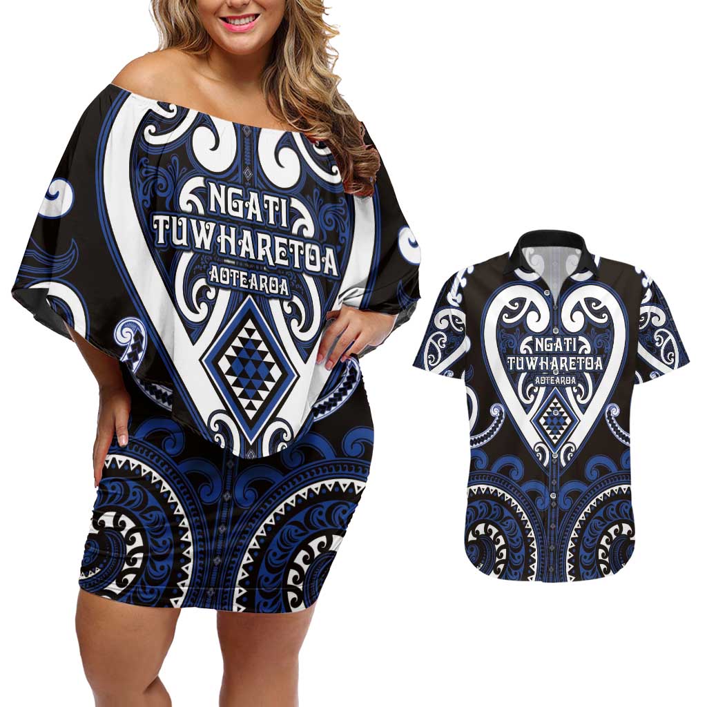 Custom Aotearoa Ngati Tuwharetoa Couples Matching Off Shoulder Short Dress and Hawaiian Shirt Maori Tribal Pattern