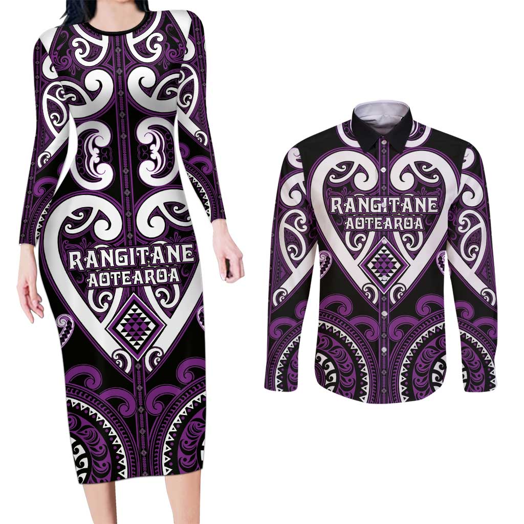 Custom Aotearoa Rangitane Couples Matching Long Sleeve Bodycon Dress and Long Sleeve Button Shirt Maori Tribal Pattern