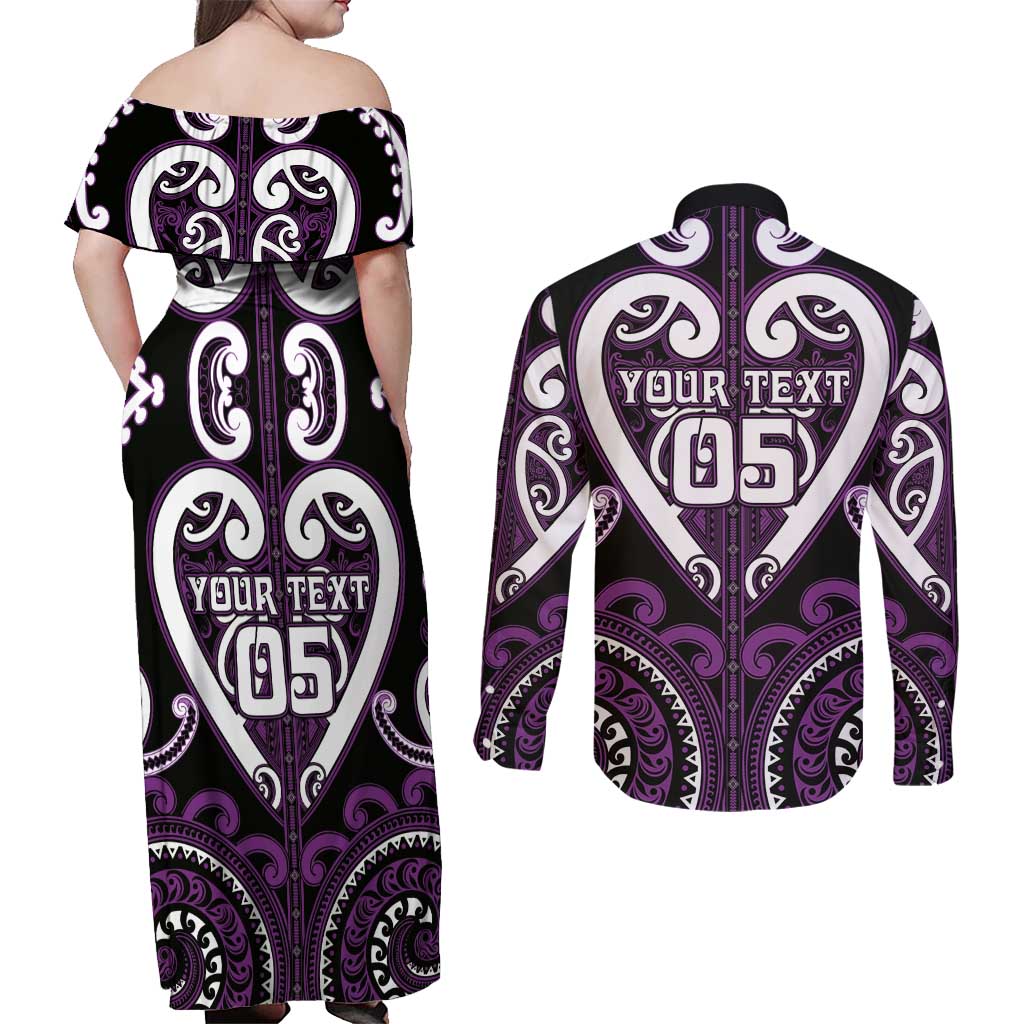 Custom Aotearoa Rangitane Couples Matching Off Shoulder Maxi Dress and Long Sleeve Button Shirt Maori Tribal Pattern