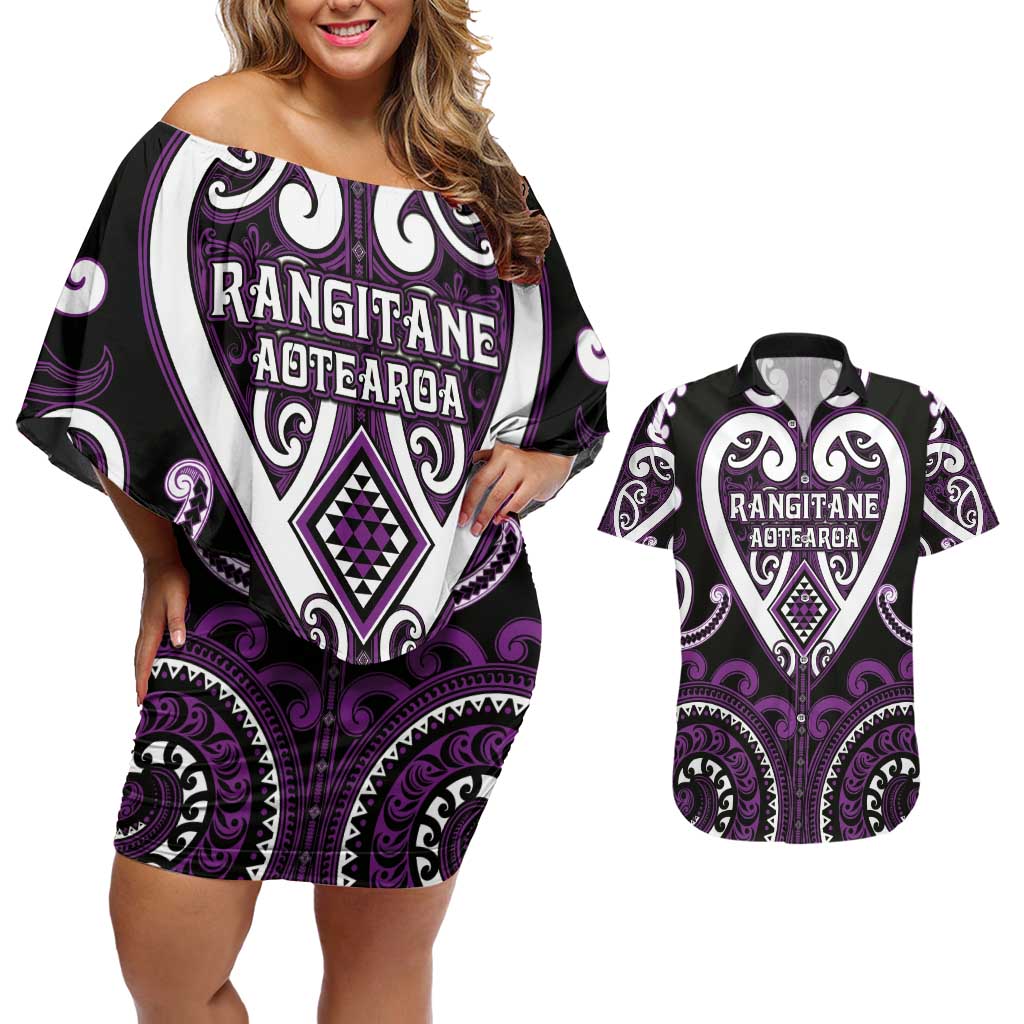 Custom Aotearoa Rangitane Couples Matching Off Shoulder Short Dress and Hawaiian Shirt Maori Tribal Pattern