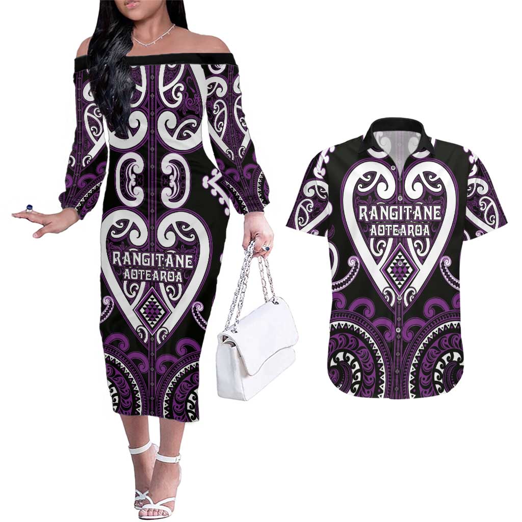 Custom Aotearoa Rangitane Couples Matching Off The Shoulder Long Sleeve Dress and Hawaiian Shirt Maori Tribal Pattern
