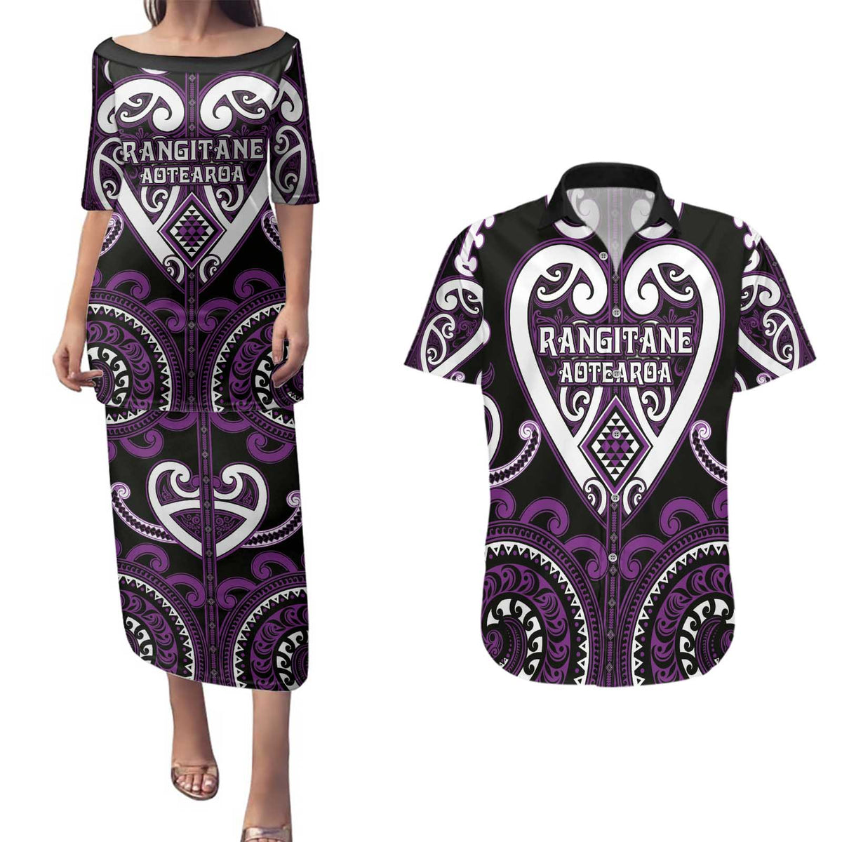 Custom Aotearoa Rangitane Couples Matching Puletasi and Hawaiian Shirt Maori Tribal Pattern