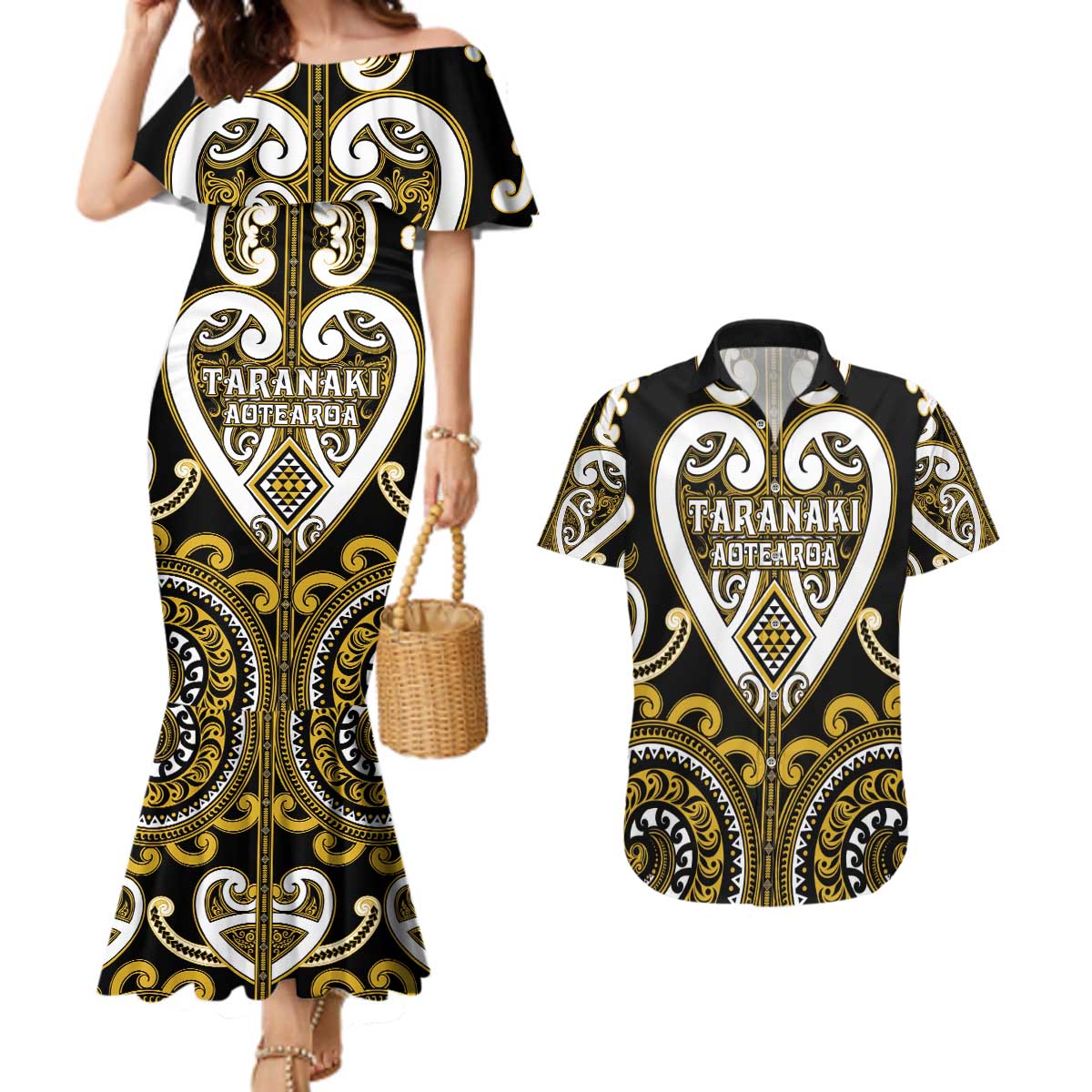 Custom Aotearoa Taranaki Couples Matching Mermaid Dress and Hawaiian Shirt Maori Tribal Pattern