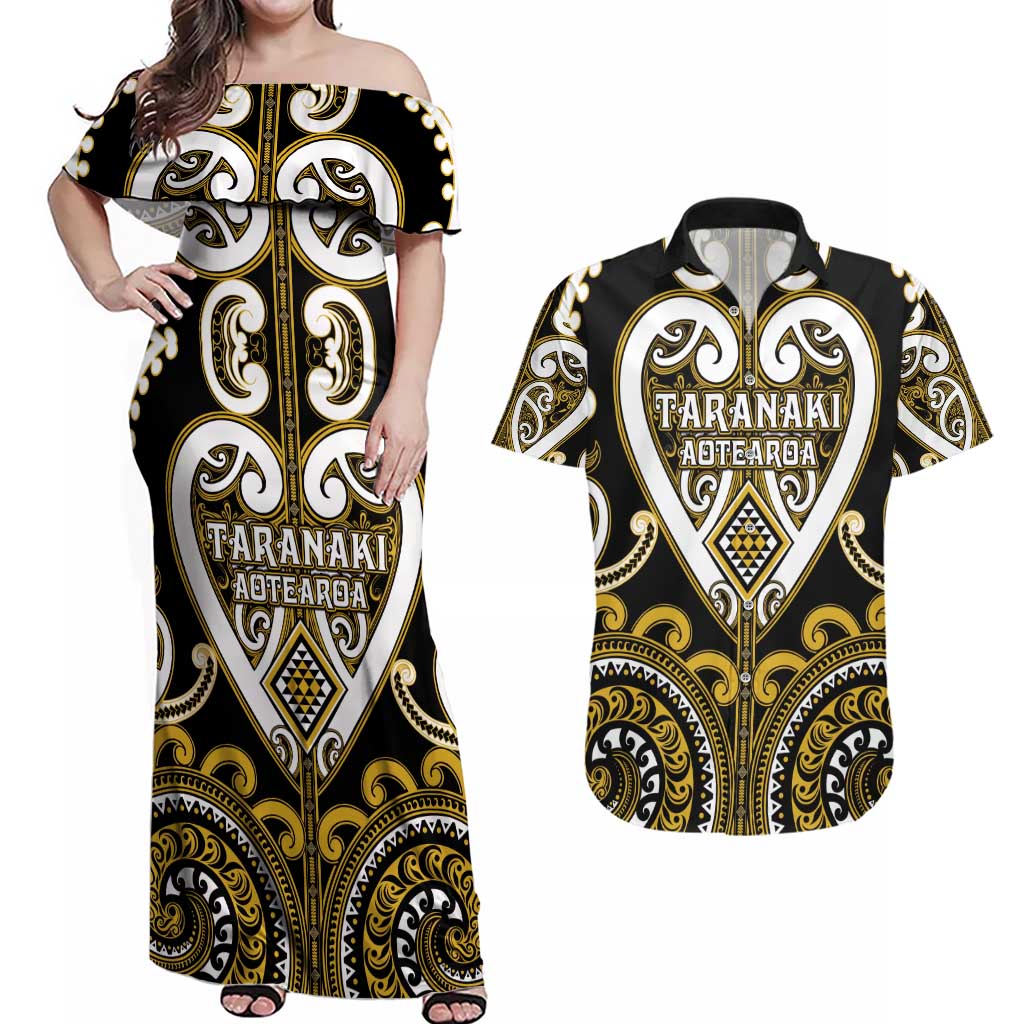 Custom Aotearoa Taranaki Couples Matching Off Shoulder Maxi Dress and Hawaiian Shirt Maori Tribal Pattern