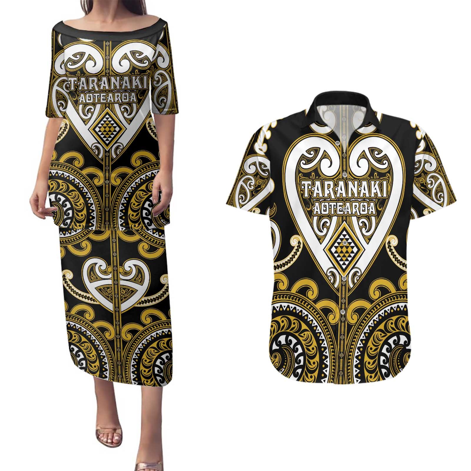 Custom Aotearoa Taranaki Couples Matching Puletasi and Hawaiian Shirt Maori Tribal Pattern