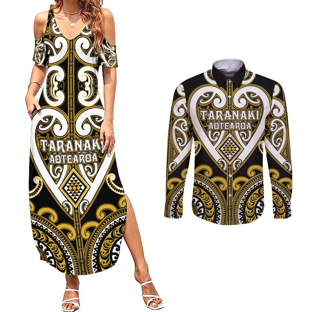 Custom Aotearoa Taranaki Couples Matching Summer Maxi Dress and Long Sleeve Button Shirt Maori Tribal Pattern