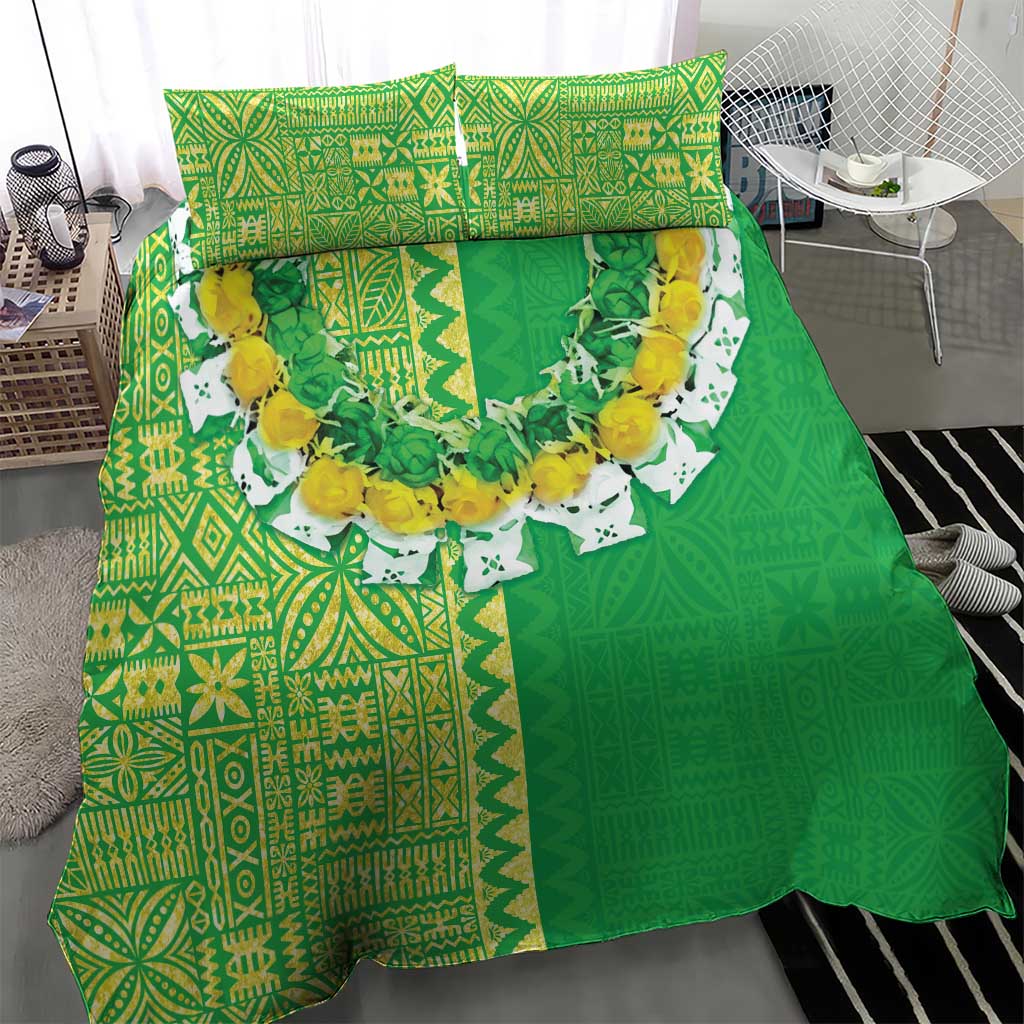 Fiji Lovoni Bedding Set Fijian Tapa Salusalu Green Glitter