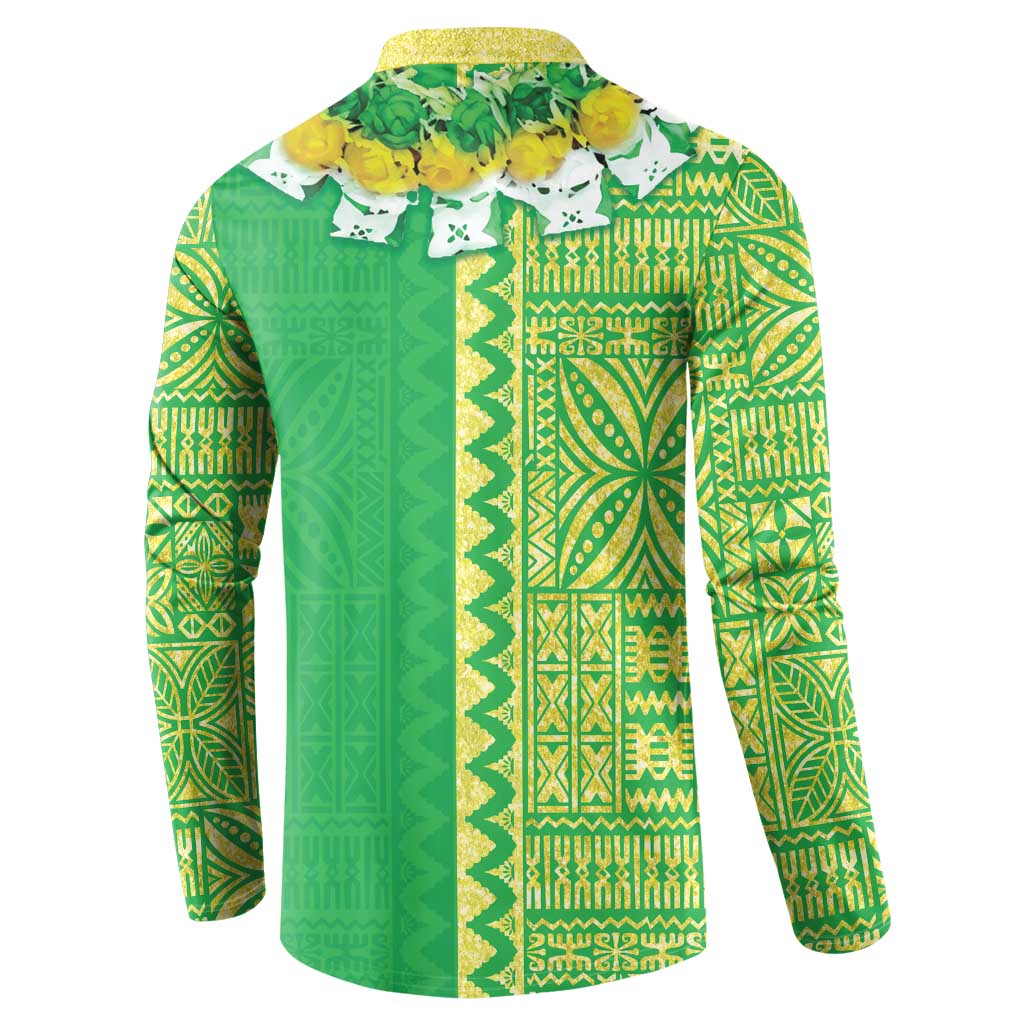 Fiji Lovoni Button Sweatshirt Fijian Tapa Salusalu Green Glitter