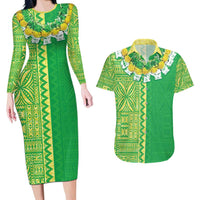 Fiji Lovoni Couples Matching Long Sleeve Bodycon Dress and Hawaiian Shirt Fijian Tapa Salusalu Green Glitter