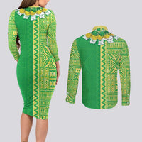 Fiji Lovoni Couples Matching Long Sleeve Bodycon Dress and Long Sleeve Button Shirt Fijian Tapa Salusalu Green Glitter