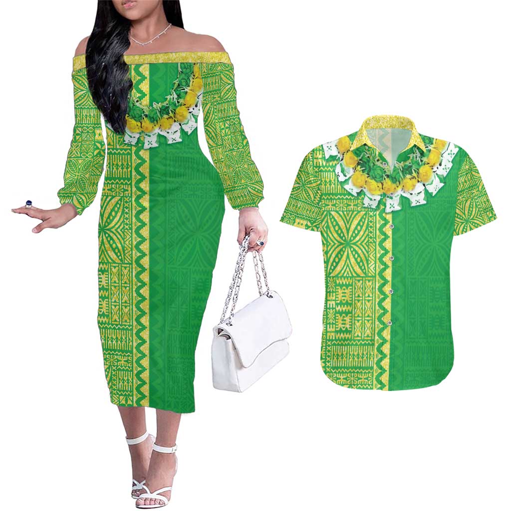 Fiji Lovoni Couples Matching Off The Shoulder Long Sleeve Dress and Hawaiian Shirt Fijian Tapa Salusalu Green Glitter