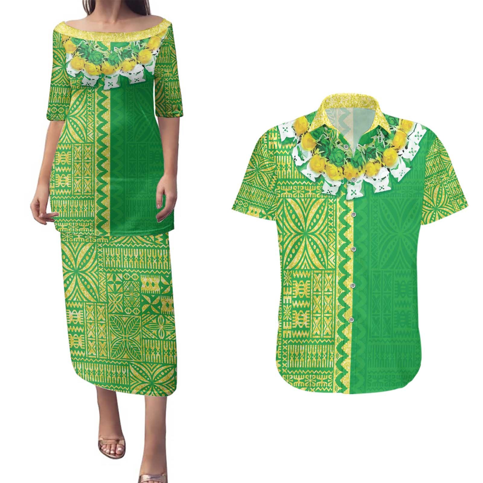 Fiji Lovoni Couples Matching Puletasi and Hawaiian Shirt Fijian Tapa Salusalu Green Glitter