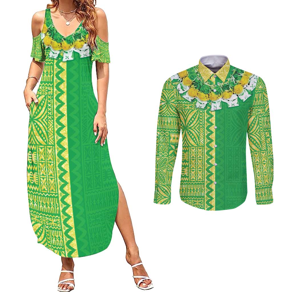 Fiji Lovoni Couples Matching Summer Maxi Dress and Long Sleeve Button Shirt Fijian Tapa Salusalu Green Glitter