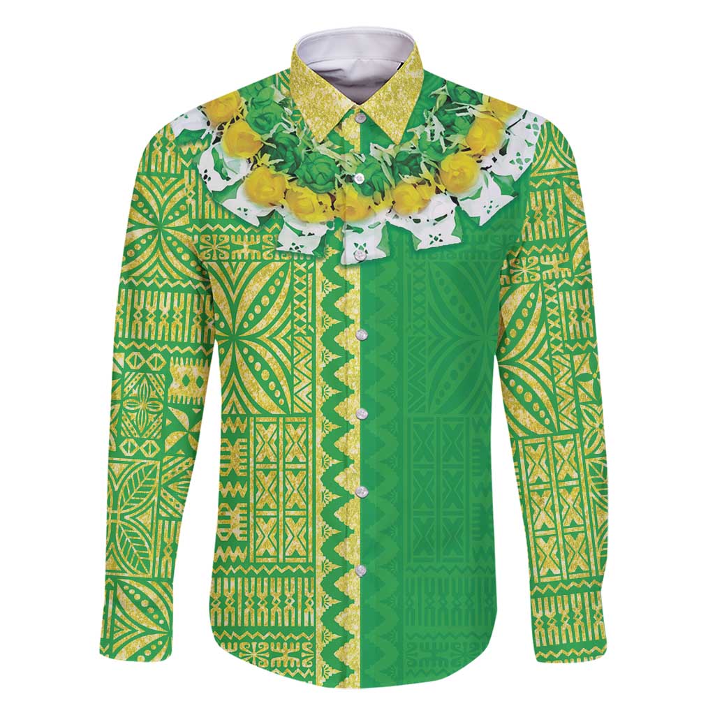 Fiji Lovoni Family Matching Long Sleeve Bodycon Dress and Hawaiian Shirt Fijian Tapa Salusalu Green Glitter