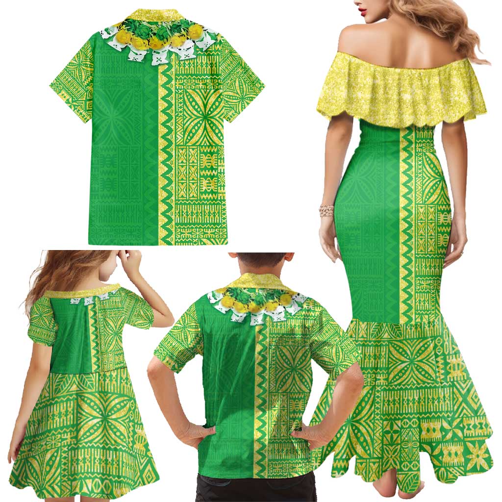 Fiji Lovoni Family Matching Mermaid Dress and Hawaiian Shirt Fijian Tapa Salusalu Green Glitter