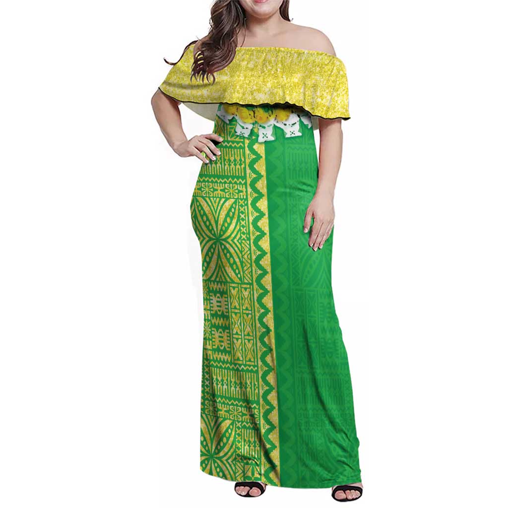Fiji Lovoni Family Matching Off Shoulder Maxi Dress and Hawaiian Shirt Fijian Tapa Salusalu Green Glitter