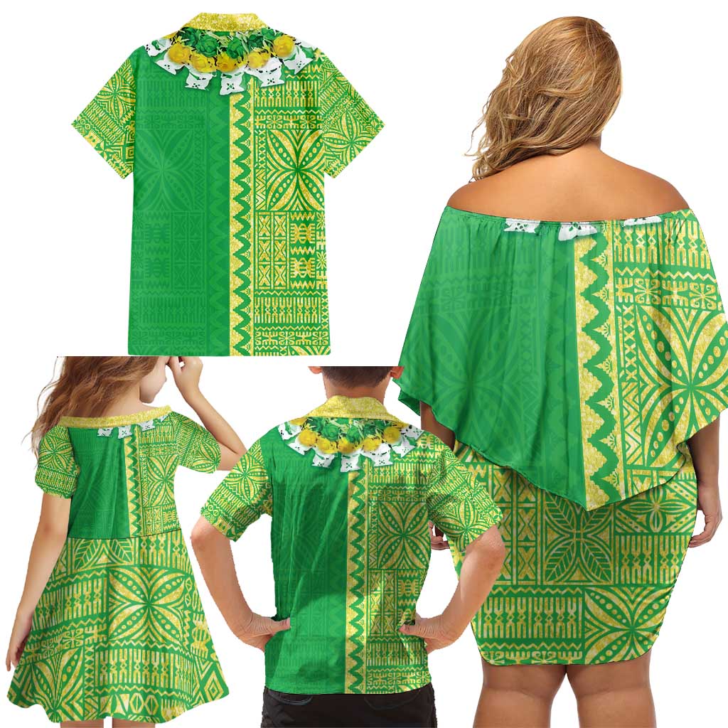 Fiji Lovoni Family Matching Off Shoulder Short Dress and Hawaiian Shirt Fijian Tapa Salusalu Green Glitter
