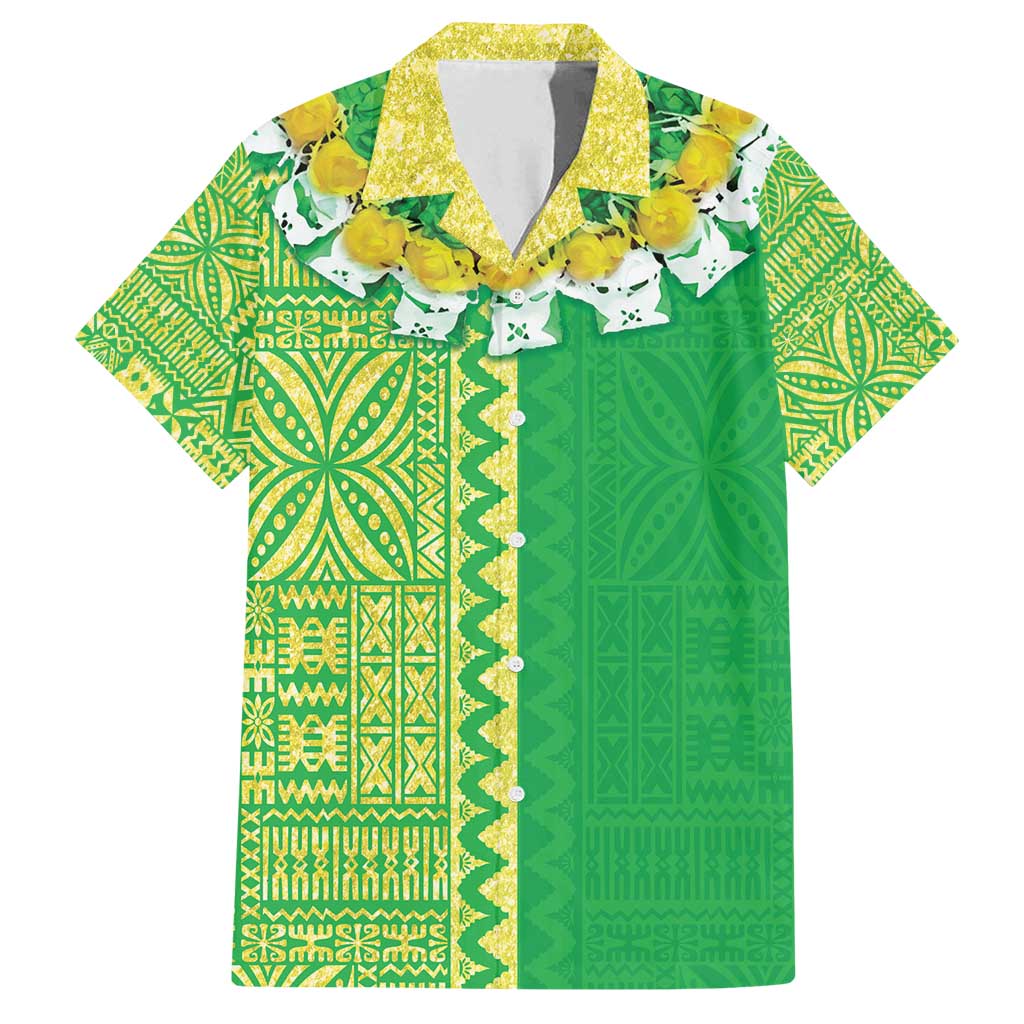 Fiji Lovoni Family Matching Off Shoulder Short Dress and Hawaiian Shirt Fijian Tapa Salusalu Green Glitter