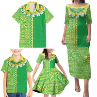 Fiji Lovoni Family Matching Puletasi and Hawaiian Shirt Fijian Tapa Salusalu Green Glitter