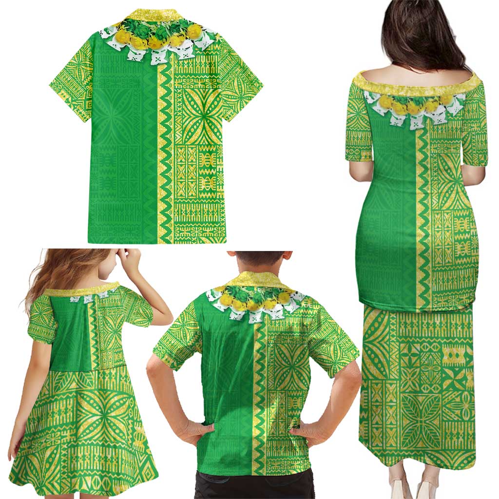 Fiji Lovoni Family Matching Puletasi and Hawaiian Shirt Fijian Tapa Salusalu Green Glitter