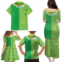 Fiji Lovoni Family Matching Puletasi and Hawaiian Shirt Fijian Tapa Salusalu Green Glitter