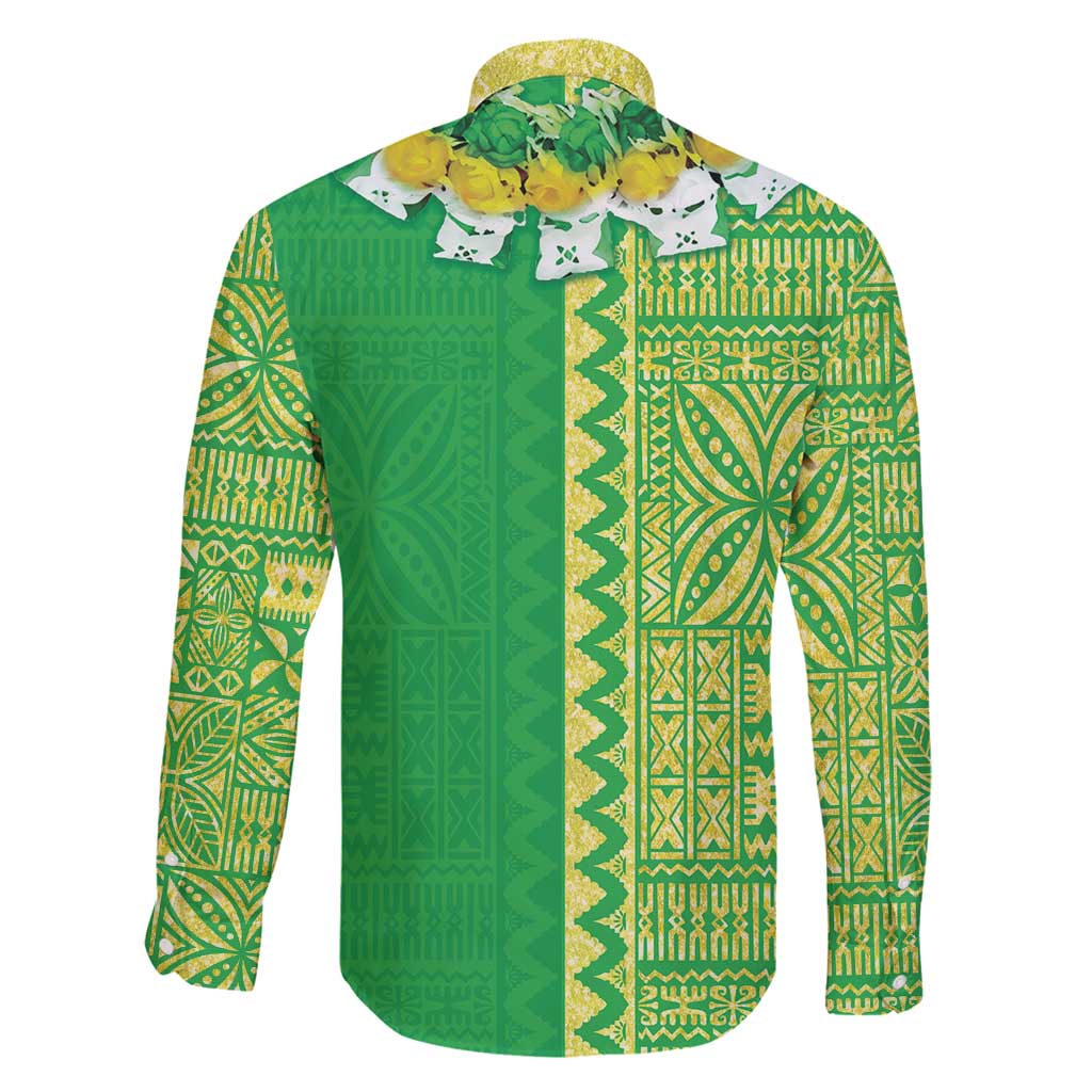 Fiji Lovoni Family Matching Puletasi and Hawaiian Shirt Fijian Tapa Salusalu Green Glitter