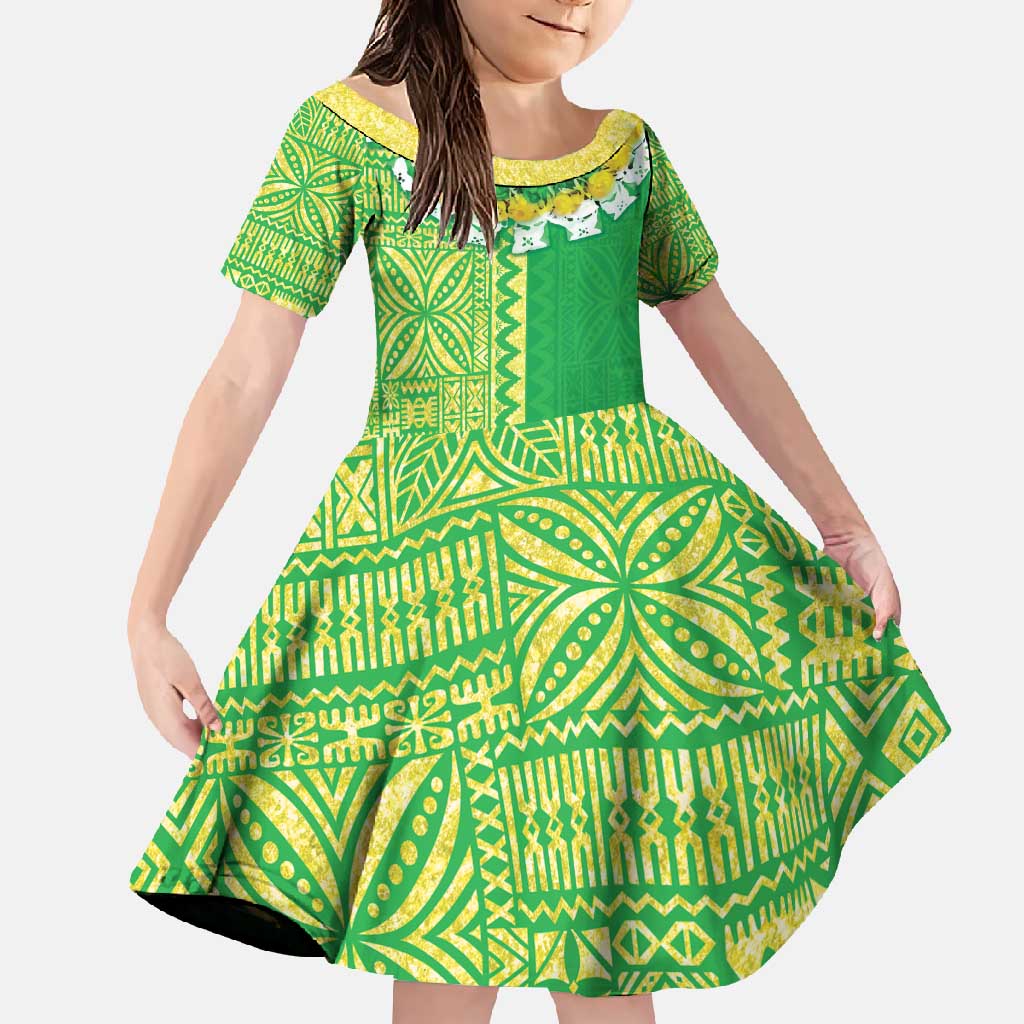 Fiji Lovoni Family Matching Short Sleeve Bodycon Dress and Hawaiian Shirt Fijian Tapa Salusalu Green Glitter