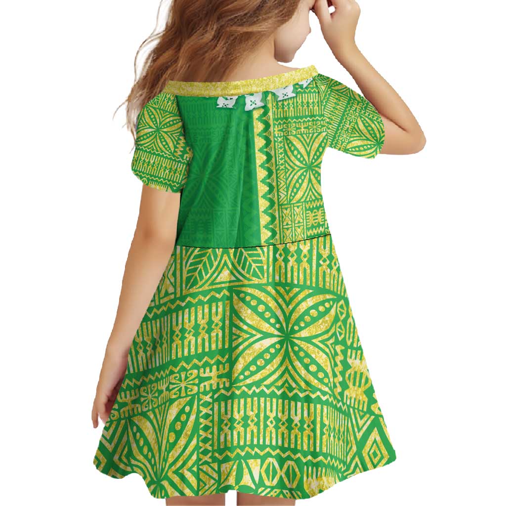 Fiji Lovoni Family Matching Short Sleeve Bodycon Dress and Hawaiian Shirt Fijian Tapa Salusalu Green Glitter