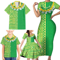 Fiji Lovoni Family Matching Short Sleeve Bodycon Dress and Hawaiian Shirt Fijian Tapa Salusalu Green Glitter