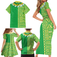 Fiji Lovoni Family Matching Short Sleeve Bodycon Dress and Hawaiian Shirt Fijian Tapa Salusalu Green Glitter