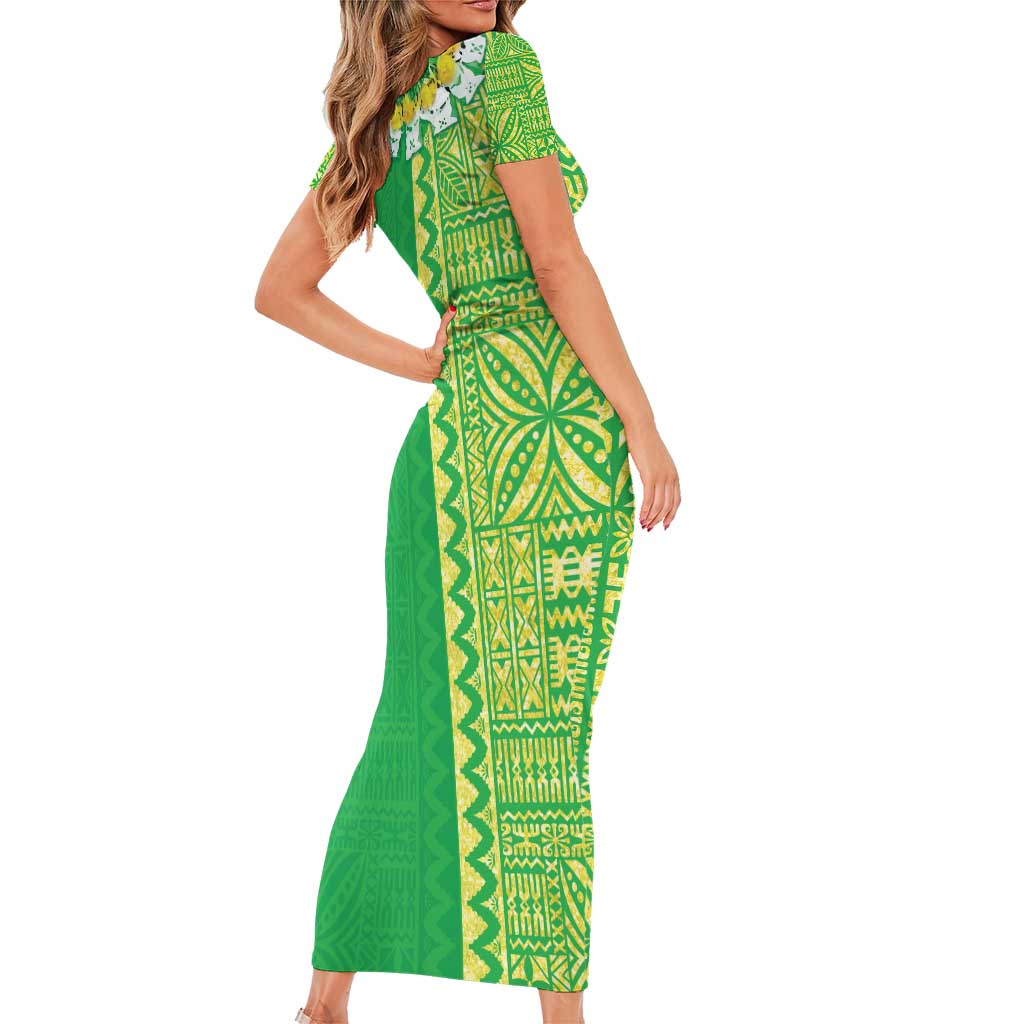 Fiji Lovoni Family Matching Short Sleeve Bodycon Dress and Hawaiian Shirt Fijian Tapa Salusalu Green Glitter