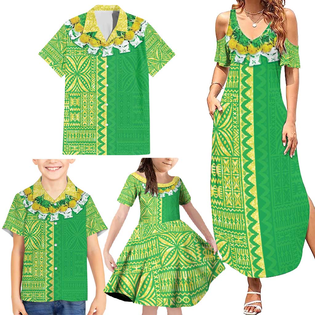 Fiji Lovoni Family Matching Summer Maxi Dress and Hawaiian Shirt Fijian Tapa Salusalu Green Glitter