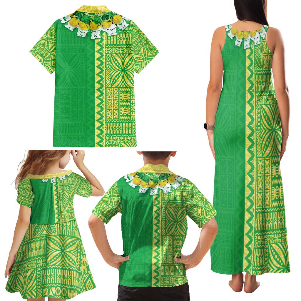 Fiji Lovoni Family Matching Tank Maxi Dress and Hawaiian Shirt Fijian Tapa Salusalu Green Glitter