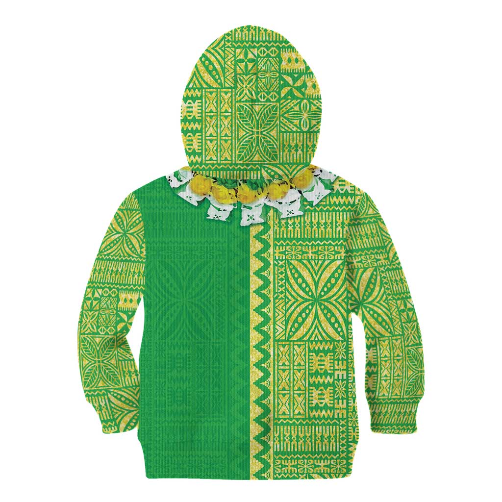 Fiji Lovoni Kid Hoodie Fijian Tapa Salusalu Green Glitter