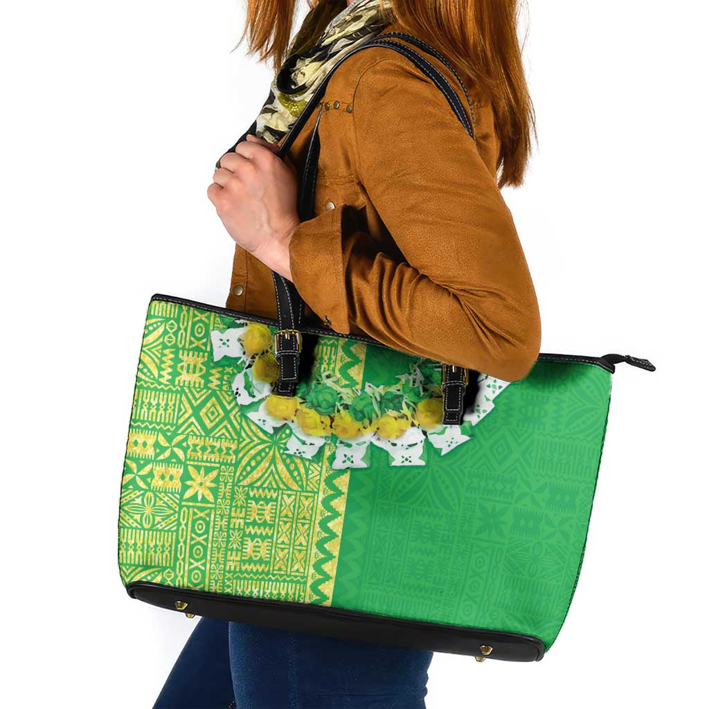 Fiji Lovoni Leather Tote Bag Fijian Tapa Salusalu Green Glitter