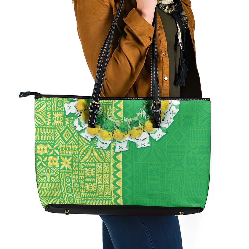 Fiji Lovoni Leather Tote Bag Fijian Tapa Salusalu Green Glitter