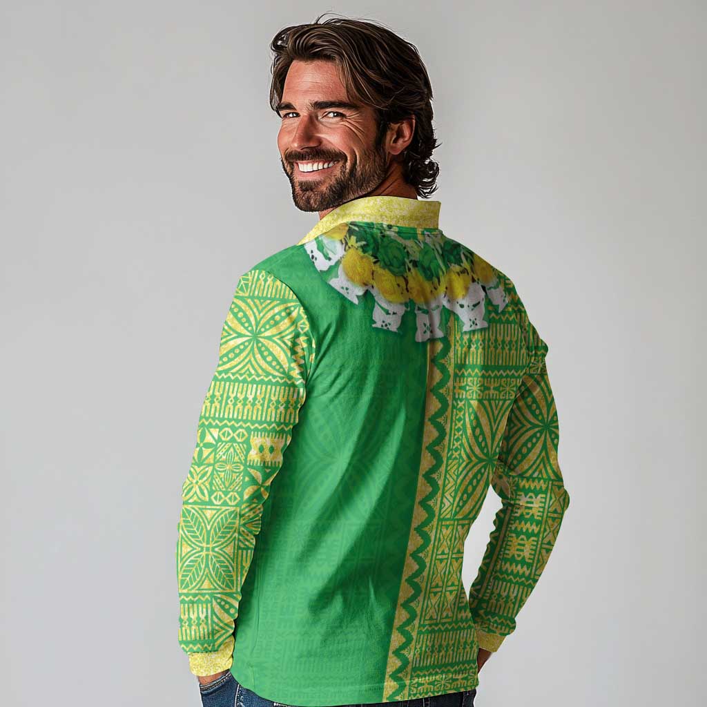 Fiji Lovoni Long Sleeve Polo Shirt Fijian Tapa Salusalu Green Glitter