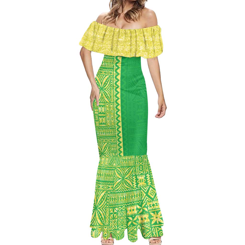 Fiji Lovoni Mermaid Dress Fijian Tapa Salusalu Green Glitter