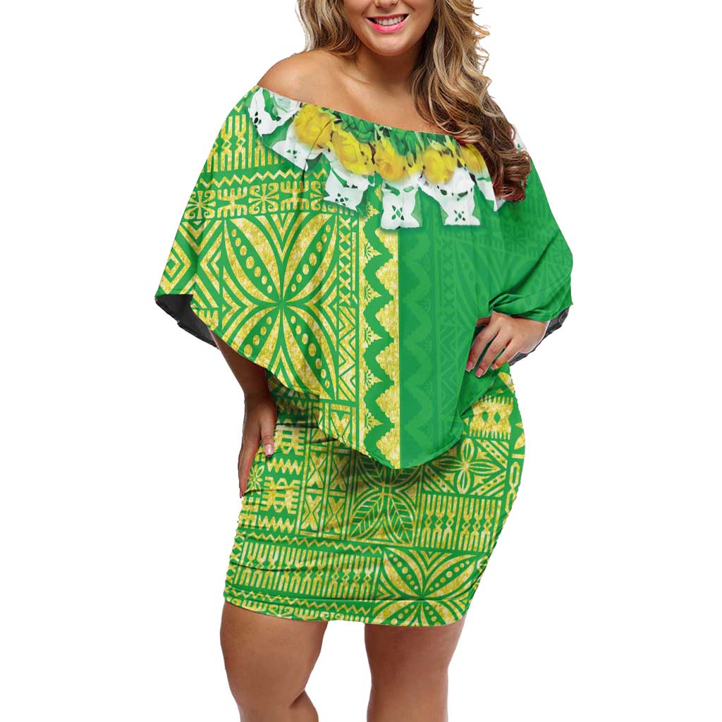 Fiji Lovoni Off Shoulder Short Dress Fijian Tapa Salusalu Green Glitter