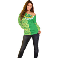 Fiji Lovoni Off Shoulder Sweater Fijian Tapa Salusalu Green Glitter
