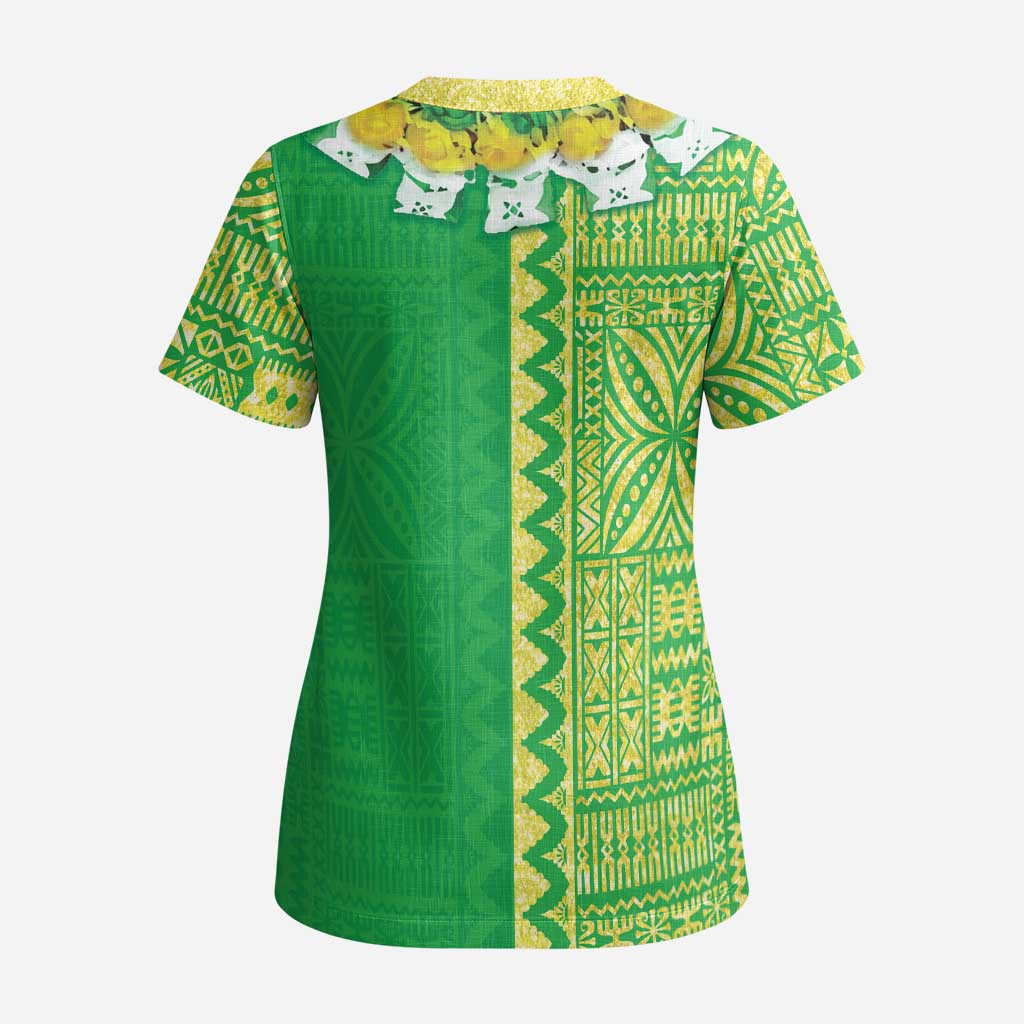 Fiji Lovoni Scrub Top Fijian Tapa Salusalu Green Glitter - Polynesian Pride